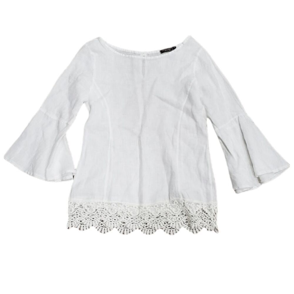 Lungo L'arno White Linen Crochet Trim Bell Sleeve Blouse S